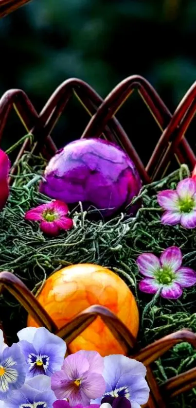 Colorful Easter basket with eggs and flowers, vibrant and festive design.