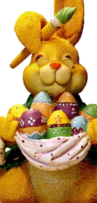 Yellow rabbit with colorful Easter eggs in a basket.