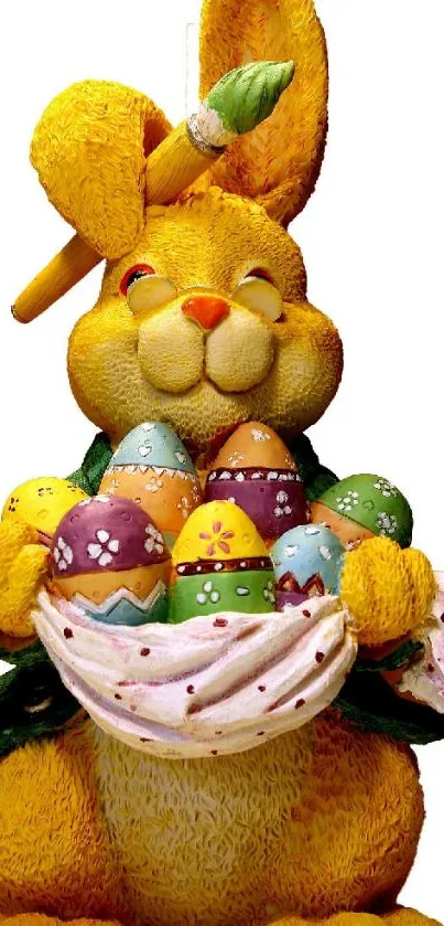 Easter bunny with colorful eggs in basket, cheerful design.