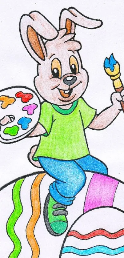 Cartoon bunny painting Easter eggs in a colorful style.