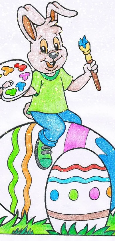 Cheerful Easter bunny painting vibrant eggs in a colorful design.