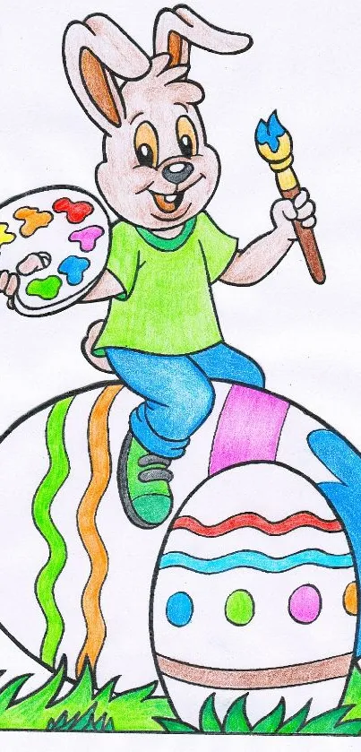 Cartoon Easter bunny holding a paintbrush and colorful eggs.