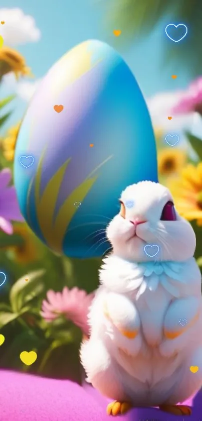 A cute white bunny with a colorful Easter egg amidst blooming flowers.