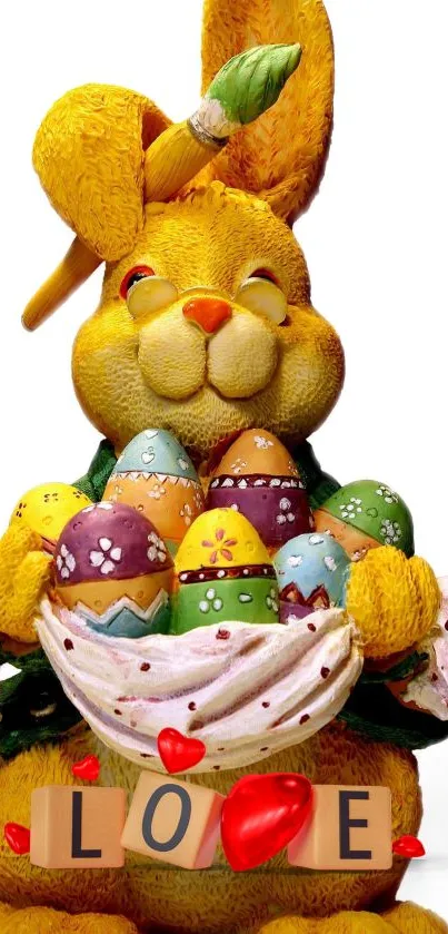 Easter bunny with colorful eggs and love message on a festive wallpaper.