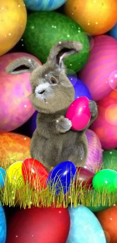 Easter themed wallpaper with a bunny holding a pink egg amidst colorful Easter eggs.