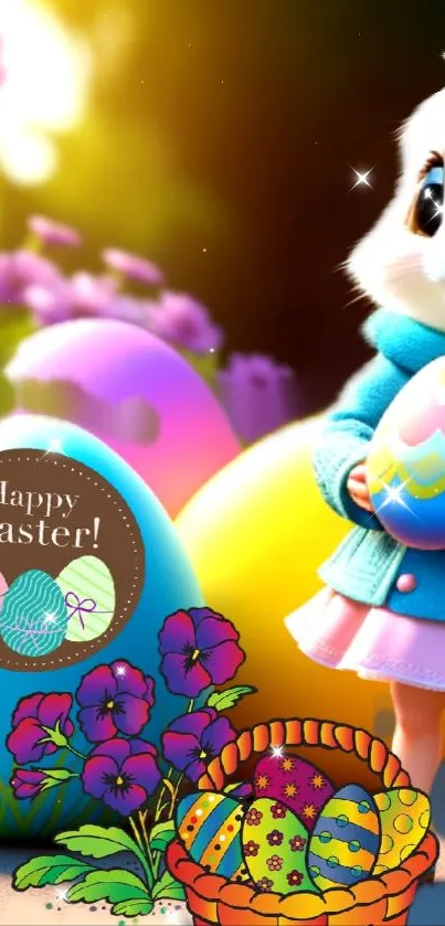 Festive Easter wallpaper with bunny, eggs, and flowers in vibrant colors.