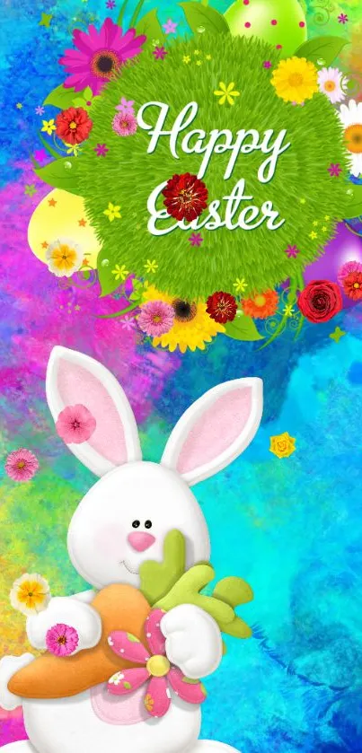 Festive Easter wallpaper with a bunny holding a carrot and vibrant floral design.