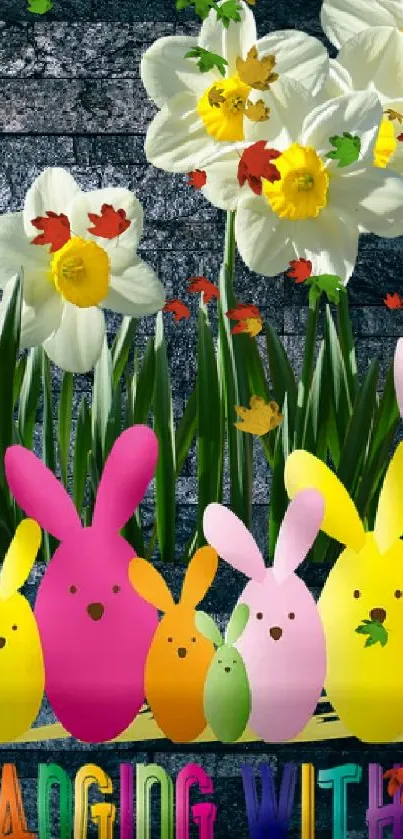 Colorful Easter bunnies with spring flowers on a dark textured background.