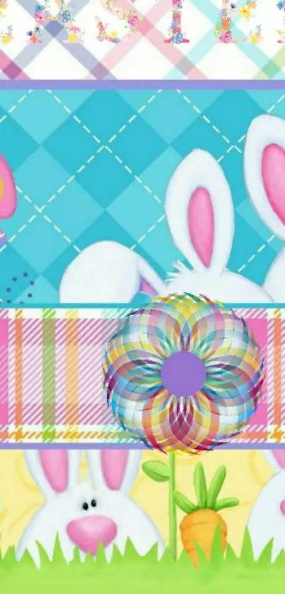 Easter-themed wallpaper with bunnies and colorful patterns.