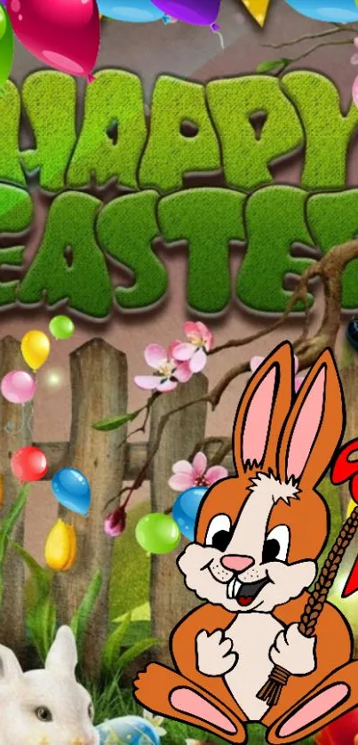 Vibrant Easter wallpaper with bunnies and balloons.