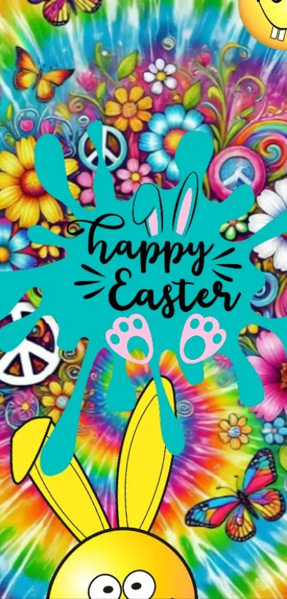 Vibrant Easter wallpaper with flowers and peace icons.