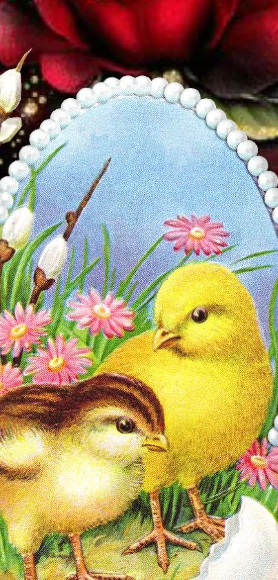 Easter chicks surrounded by flowers in vibrant colors on a phone wallpaper.