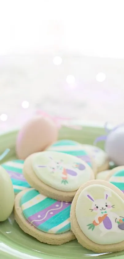 Easter cookies on a pastel green plate with colorful designs.