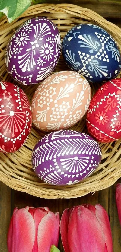 Colorful Easter eggs in a woven basket.