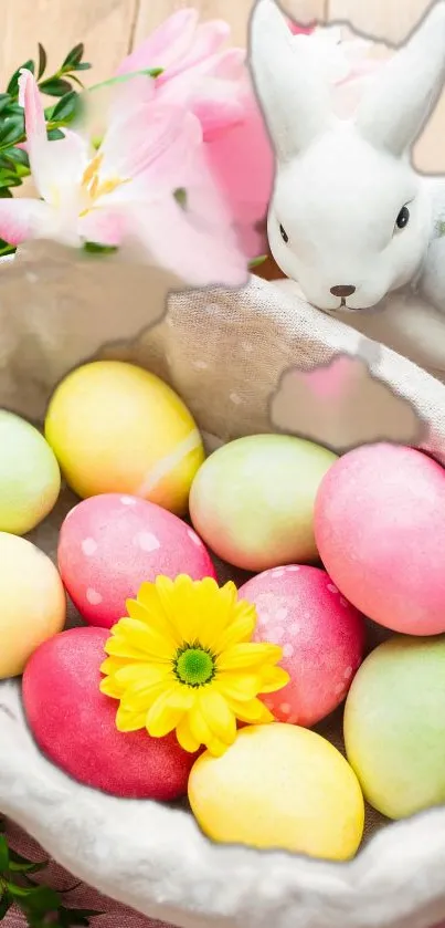 Easter eggs with flowers and bunny decoration.