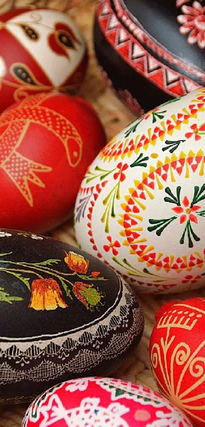 Colorful Easter eggs with intricate designs in a basket.