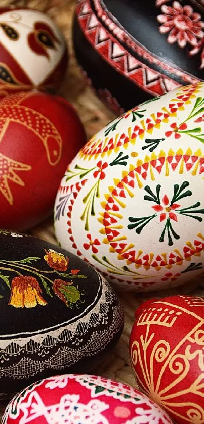 Intricate Easter eggs with colorful designs and traditional patterns in a basket.