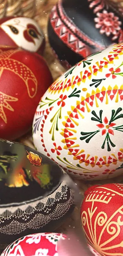 Colorful Easter eggs with intricate designs.