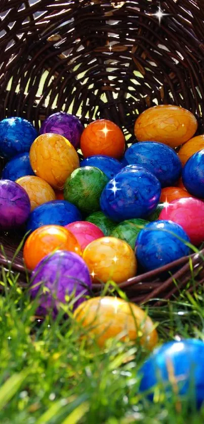 Vibrant Easter eggs spill from a basket onto fresh green grass.
