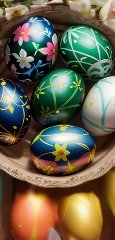 Basket with colorful Easter eggs and flowers.