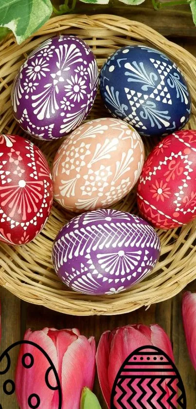 Colorful Easter eggs in a wicker basket with tulips on a wooden table.