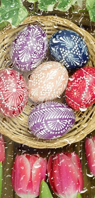 Basket of colorful Easter eggs with tulips.