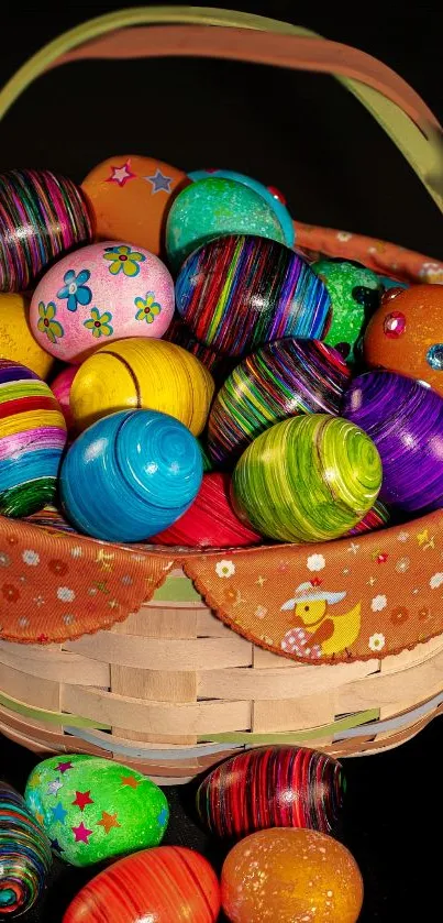 Vibrant basket of colorful Easter eggs on black background.