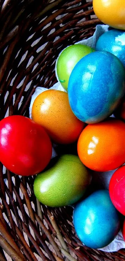 Vibrant Easter eggs in a woven basket.