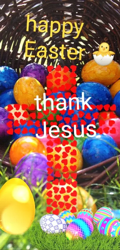 Easter egg basket with a thank Jesus cross overlay and grass background.