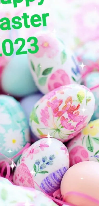 Easter basket with colorful decorated eggs.