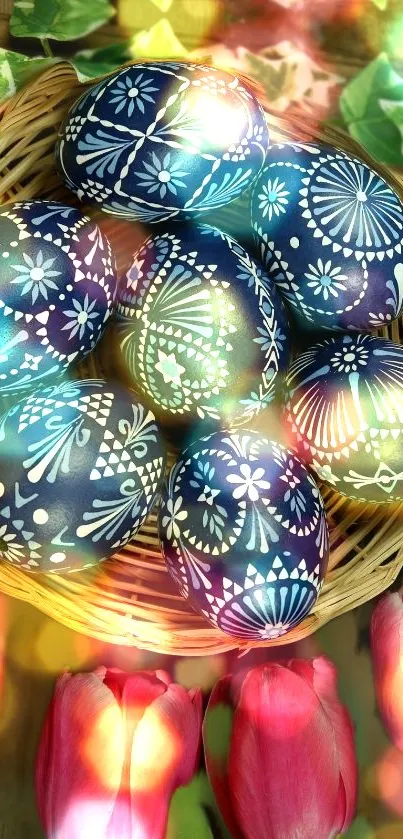 Easter egg basket with colorful floral design.