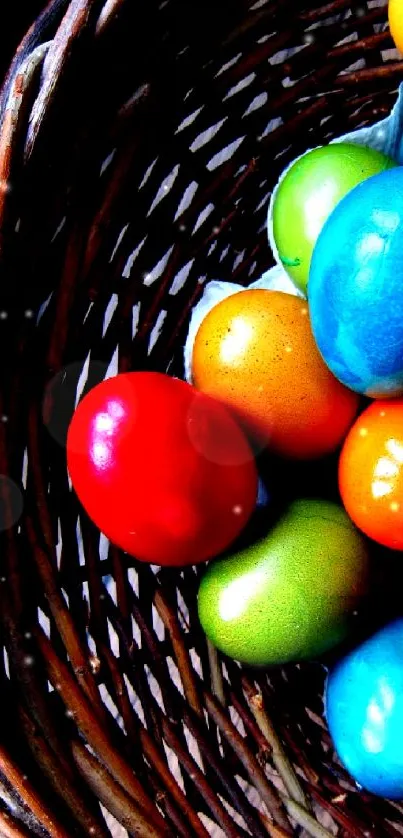 Colorful Easter eggs in a woven basket.