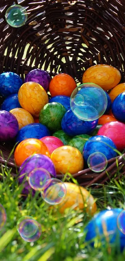 Colorful Easter eggs spilling from a wicker basket on green grass.