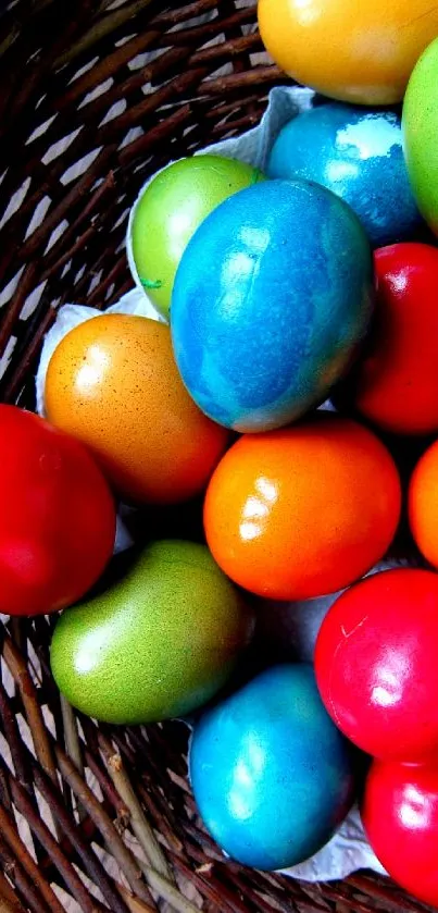 Basket filled with colorful Easter eggs.