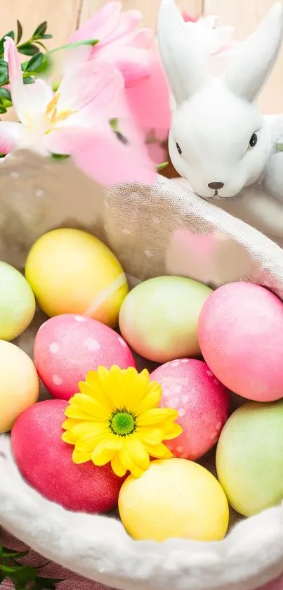 Vibrant Easter basket with colorful eggs and a ceramic bunny.