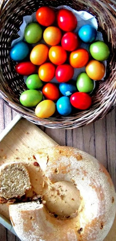 Vibrant Easter egg basket with rustic bread on wooden table.