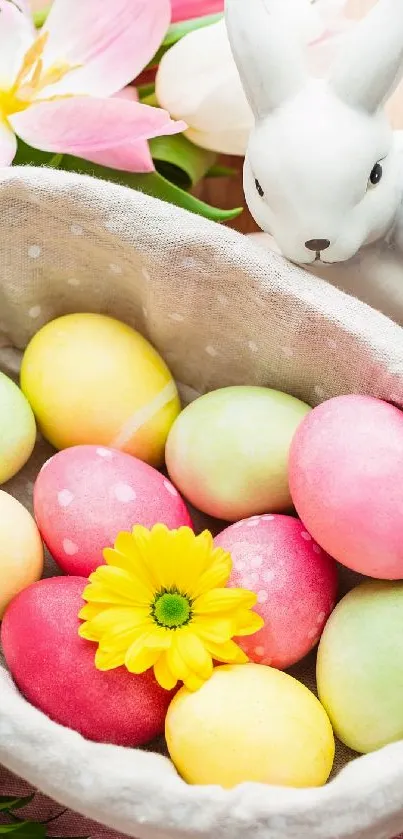 Easter basket with colorful eggs and a bunny figurine.