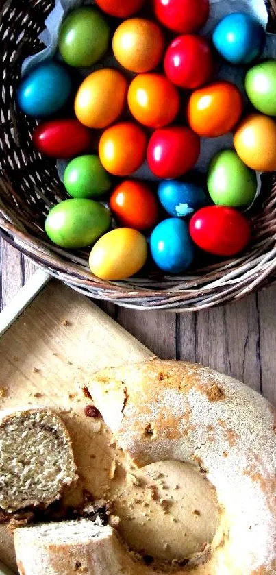 Basket of colorful Easter eggs with wooden table background.