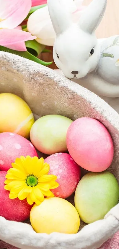 Easter egg basket with bunny and flowers in spring colors.