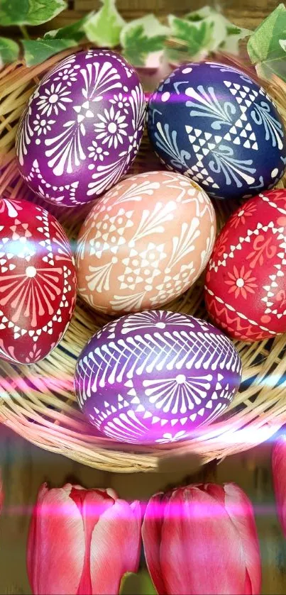 Bright Easter eggs in a basket with spring flowers.