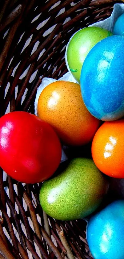 Colorful Easter eggs in a wicker basket for festive wallpaper.