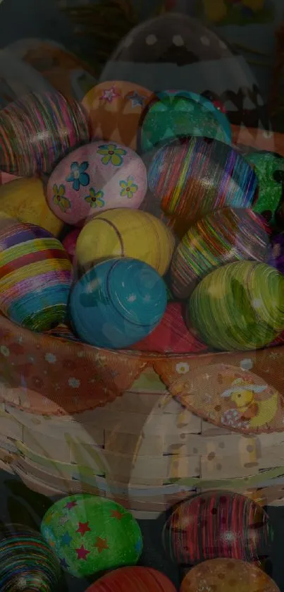 Basket filled with colorful Easter eggs, perfect for holiday decor.