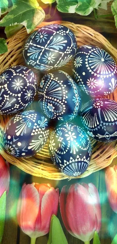 Basket of decorated Easter eggs surrounded by tulips.