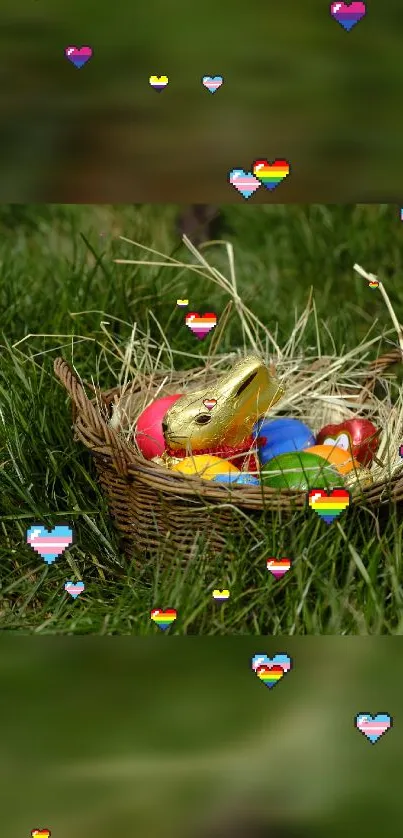 Easter-themed wallpaper with golden bunny and colorful eggs in a basket.