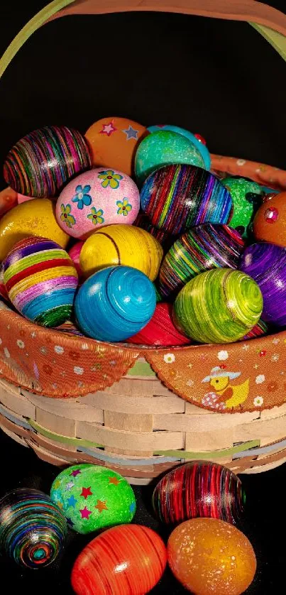 Basket of colorful Easter eggs against dark background.