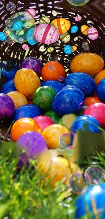 Colorful Easter eggs spilling from a basket onto grass.