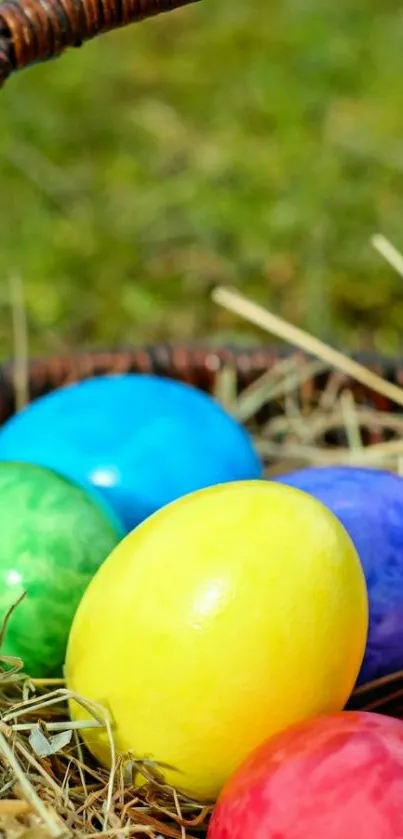 Colorful Easter eggs in a woven basket on grass.