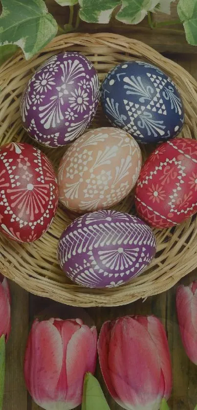 Basket of Easter eggs with spring flowers in a colorful, festive design.