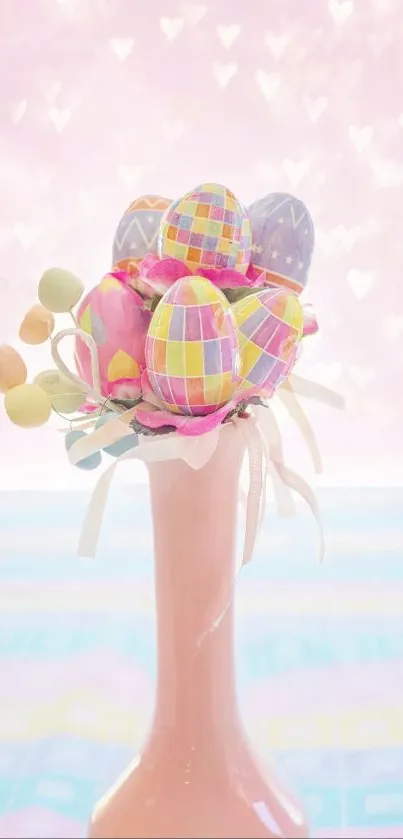 Vibrant Easter egg bouquet in pastel vase with heart backdrop.