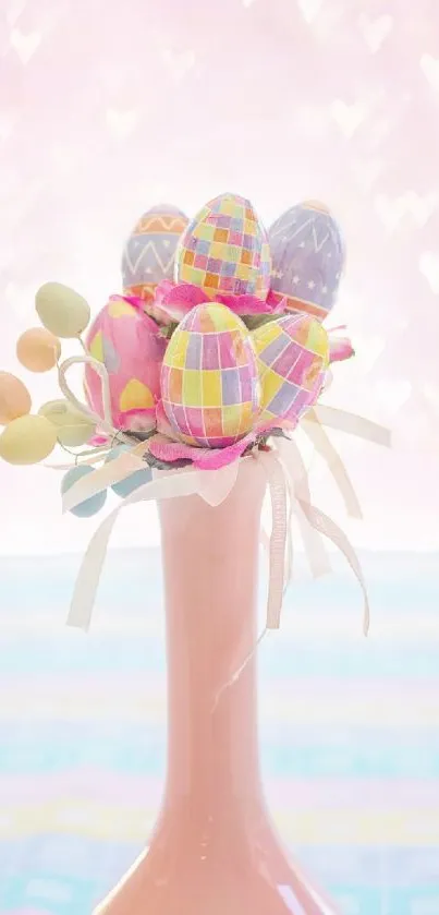 Pastel Easter egg bouquet in pink vase against a soft background.